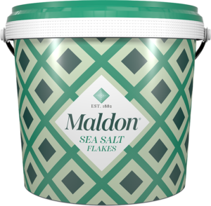 1.4kg catering tub of Maldon Salt with logo facing front.