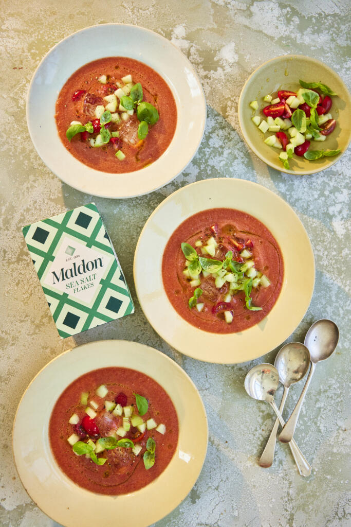 Spicy gazpacho. Seasoned with Maldon Original Sea Salt 250g pack.