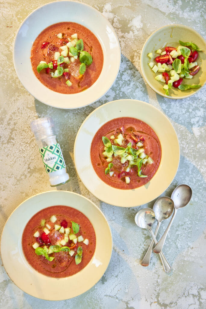 Spicy gazpacho. Seasoned with Maldon Original Sea Salt 55g grinder.