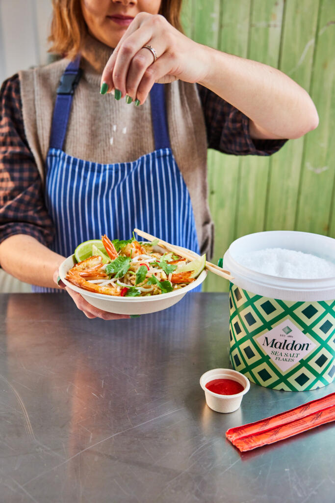 Prawn Pad Thai Noodles. Seasoned with Maldon Original Sea Salt 1.4kg tub.