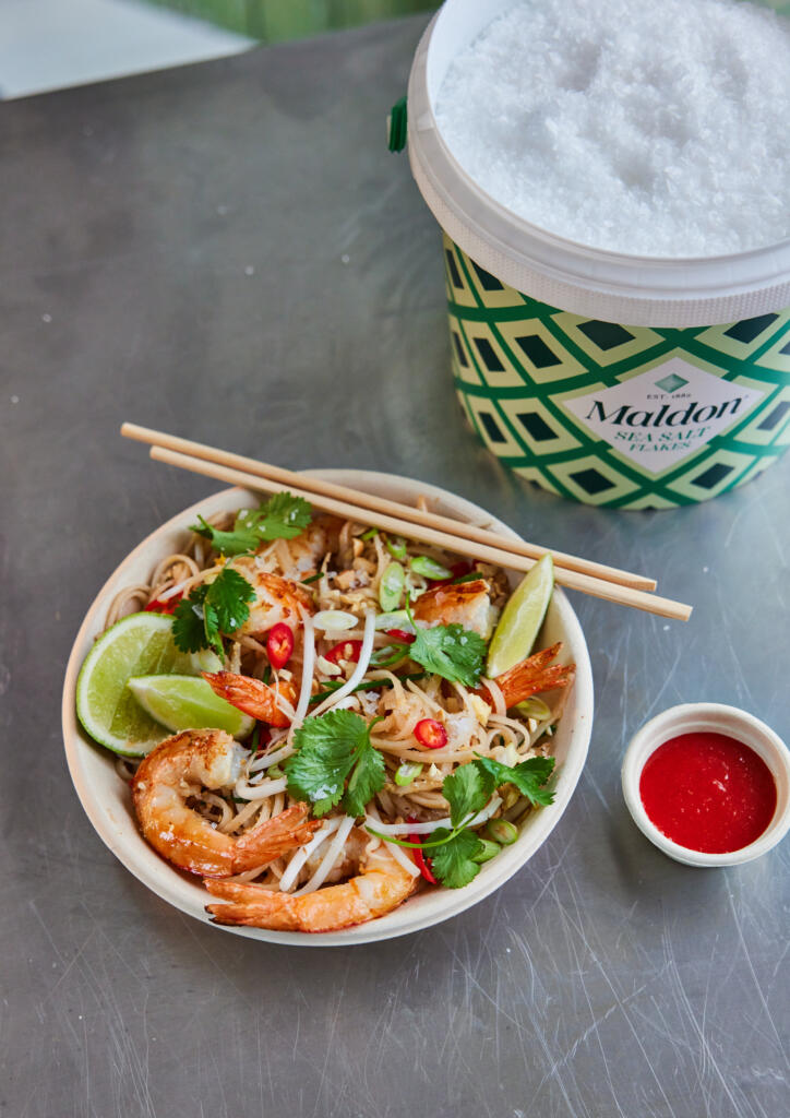 Pad Thai with Prawns. Seasoned with Maldon Original Sea Salt 1.4kg tub.