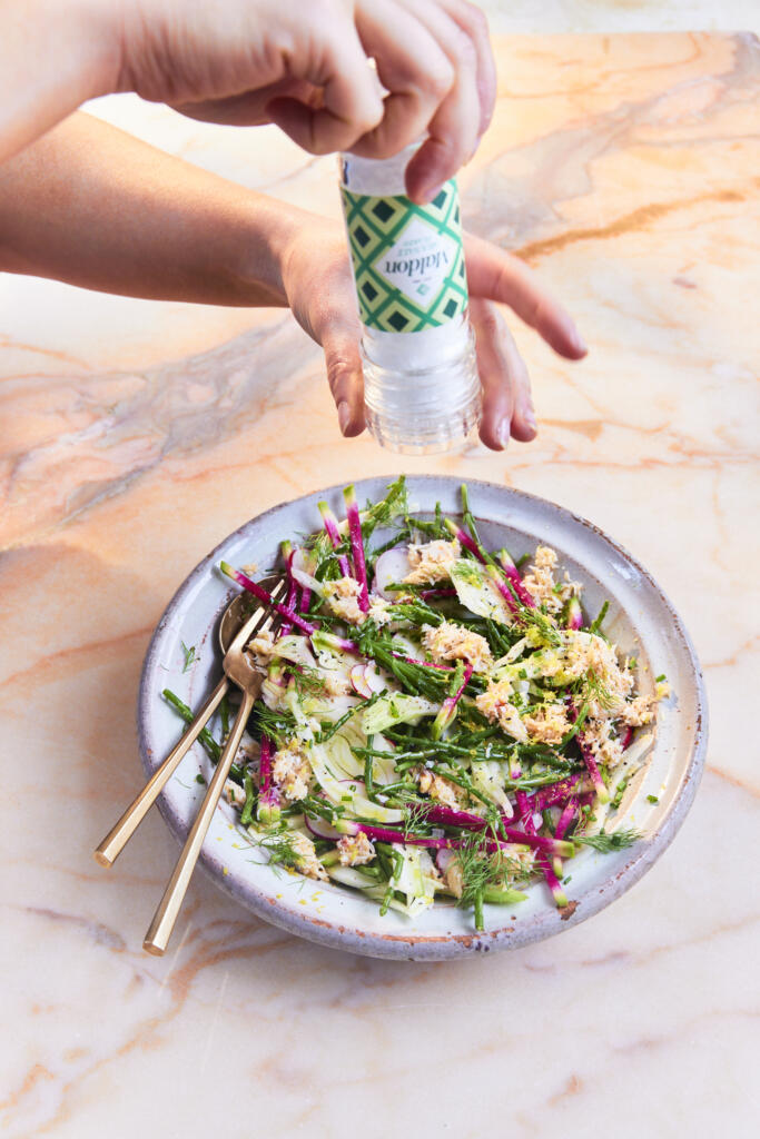 Crab and samphire salad. Seasoned with Maldon Original Sea Salt 55g grinder.