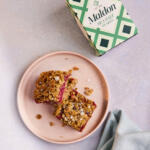 Raspberry filled flapjacks. Seasoned with Maldon Original Sea Salt 250g pack.