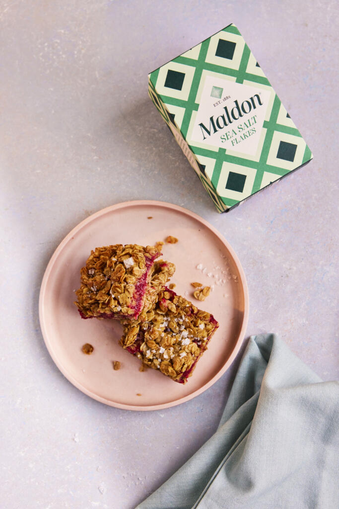 Raspberry filled flapjacks. Seasoned with Maldon Original Sea Salt 250g pack.