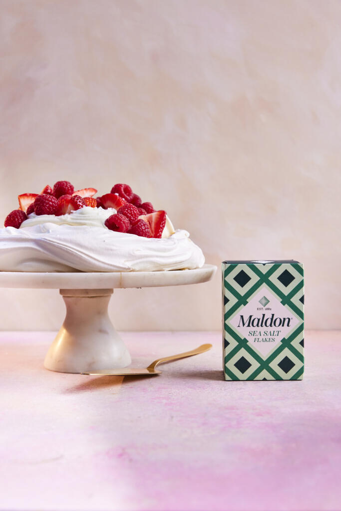 Summer fruit pavlova. Seasoned with Maldon Original Sea Salt 125g pack.
