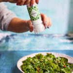 Green kale salad. Seasoned with Maldon Original Sea Salt 55g grinder.