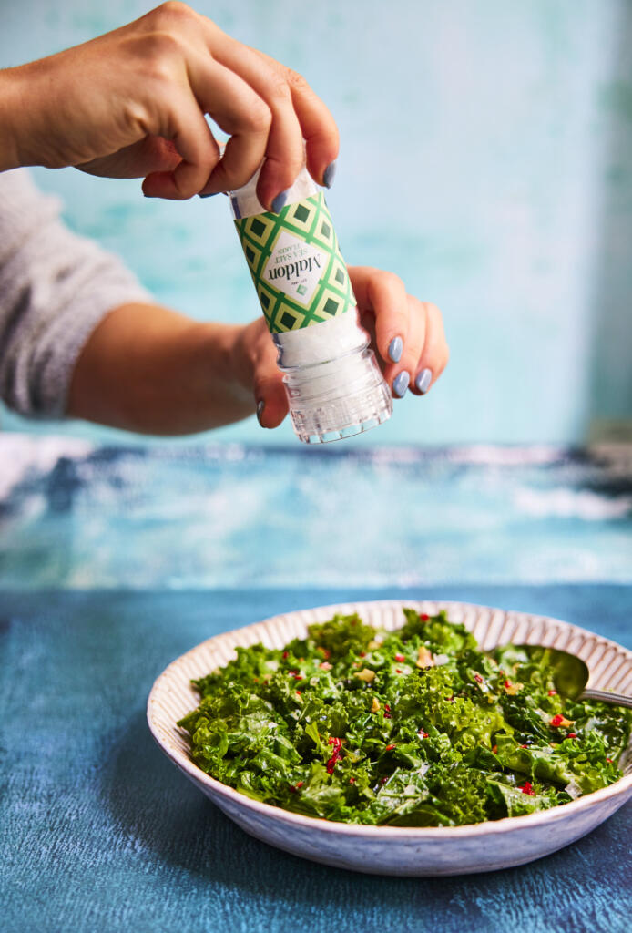 Green kale salad. Seasoned with Maldon Original Sea Salt 55g grinder.