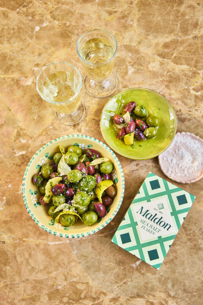 Marinated olives. Seasoned with Maldon Original Sea Salt.