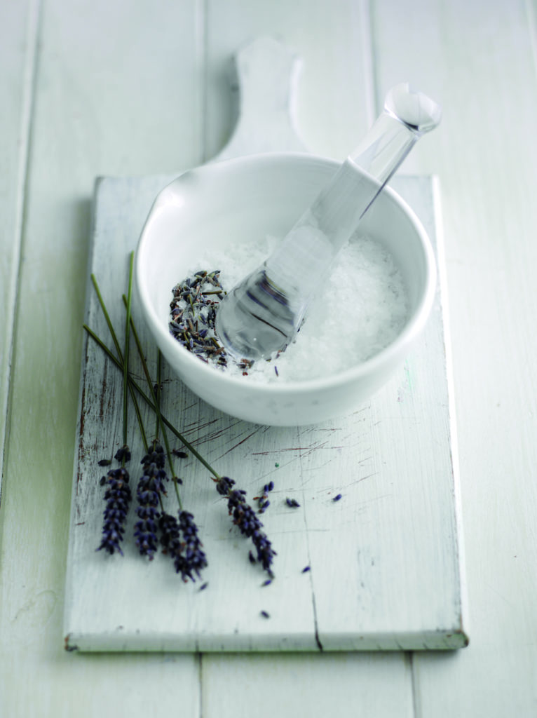Lavender salt in pestle and mortar