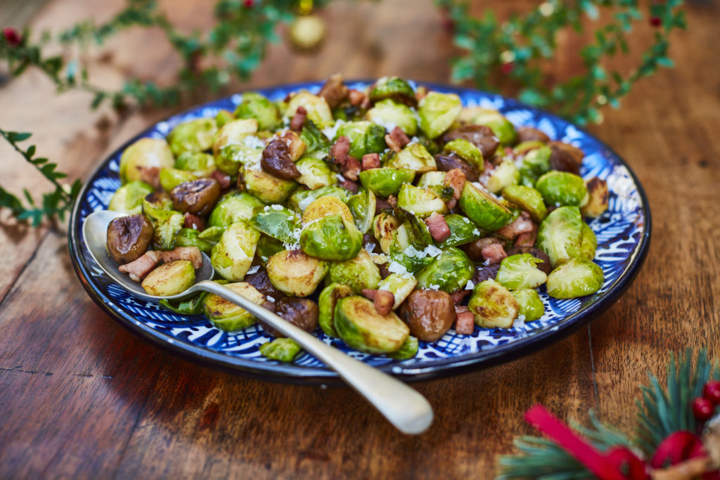 Bowl of brussel sprouts with bacon