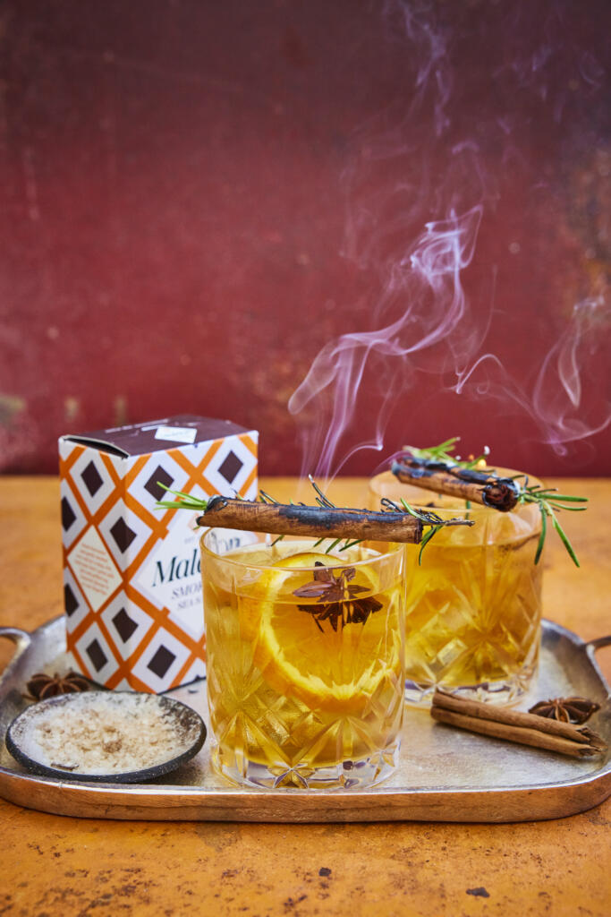 Smoky old fashioned cocktail. Seasoned with Maldon Smoked Sea Salt 125g pack.