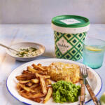 Air fryer fish and chips. Seasoned with Maldon Original Sea Salt 570g tub.