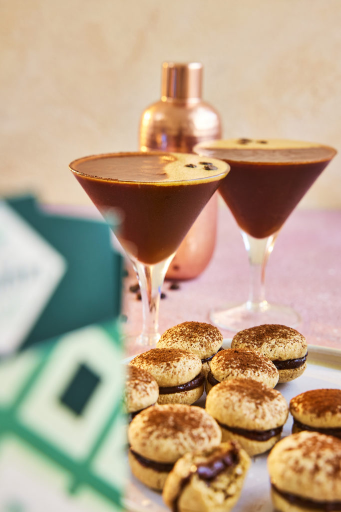 Salted caramel espresso martini with macarons