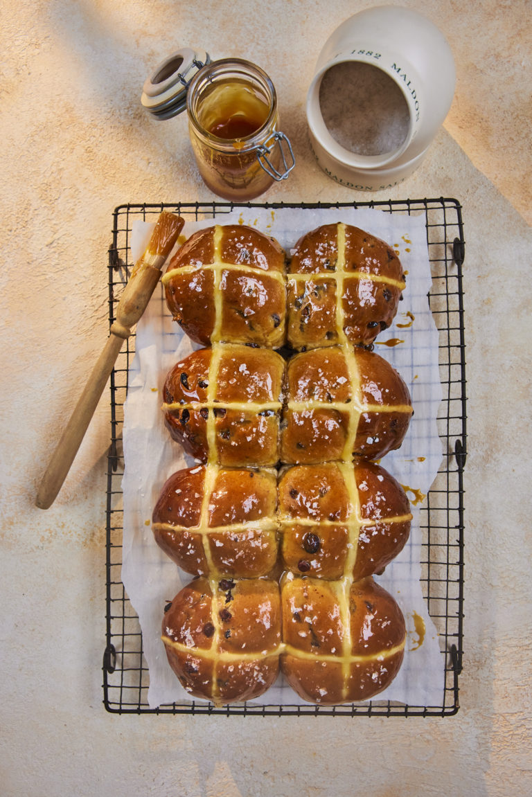 Salted Caramel Hot Cross Buns with Salt Pig
