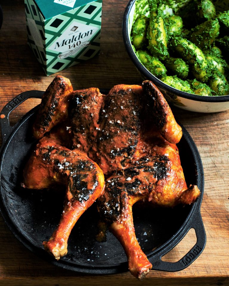 Spatchcock chicken and green potatoes