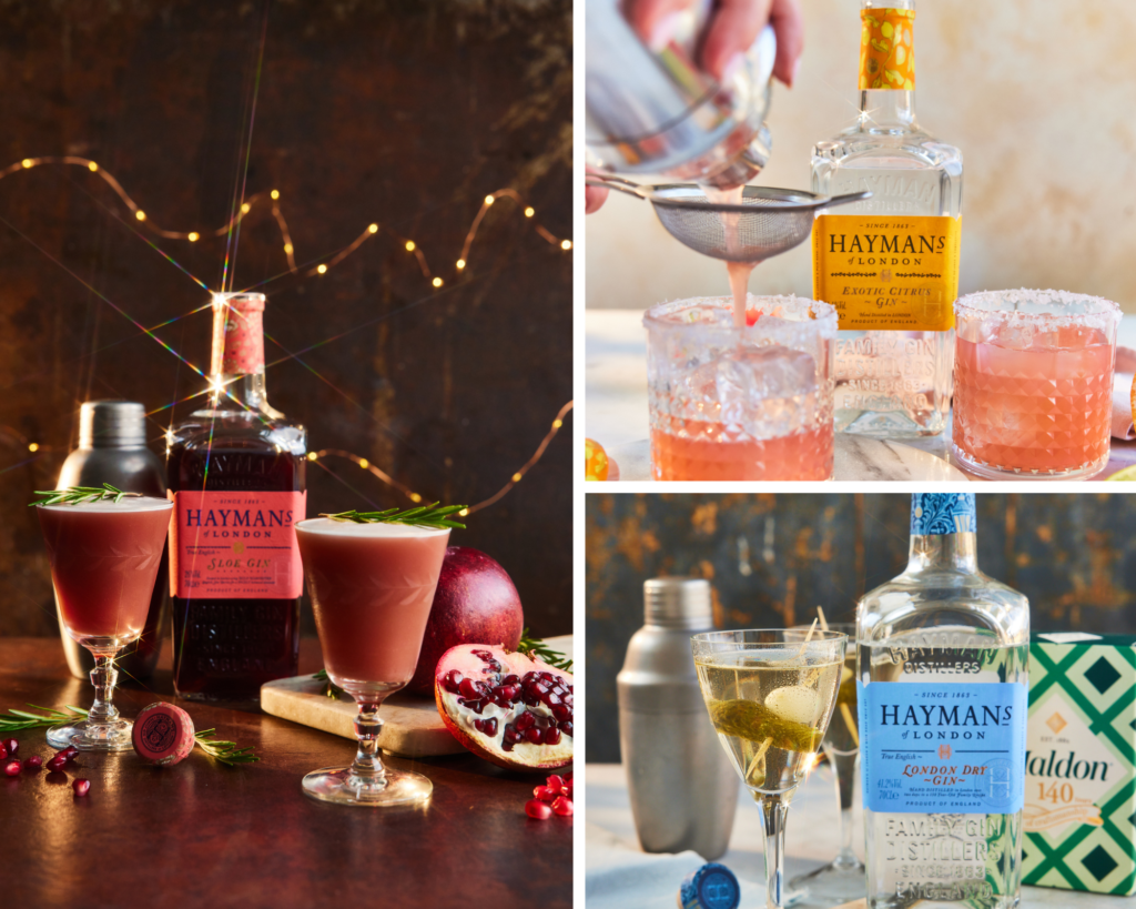 Collage of three Hayman's gin - sloe gin, exotic citrus gin, and London dry gin.