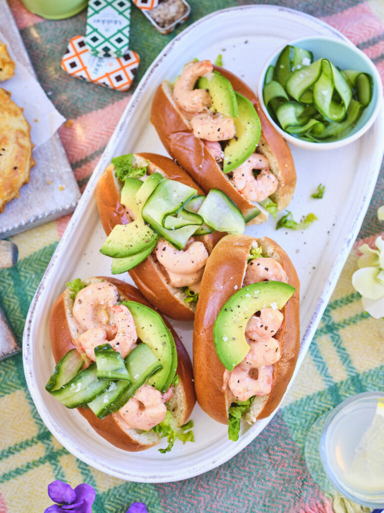 Prawn cocktail brioche rolls with Siracha and pickled cucumber