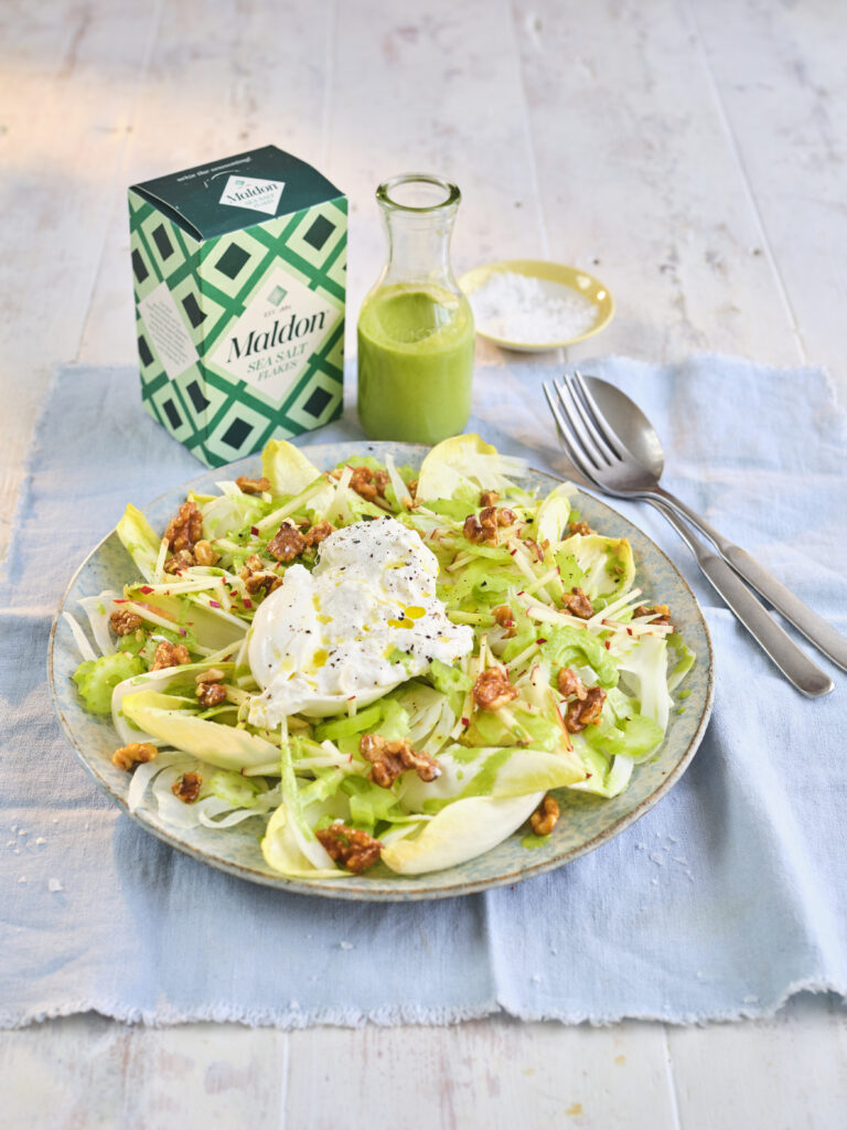 Apple and chicory salad with fennel and shredded burrata