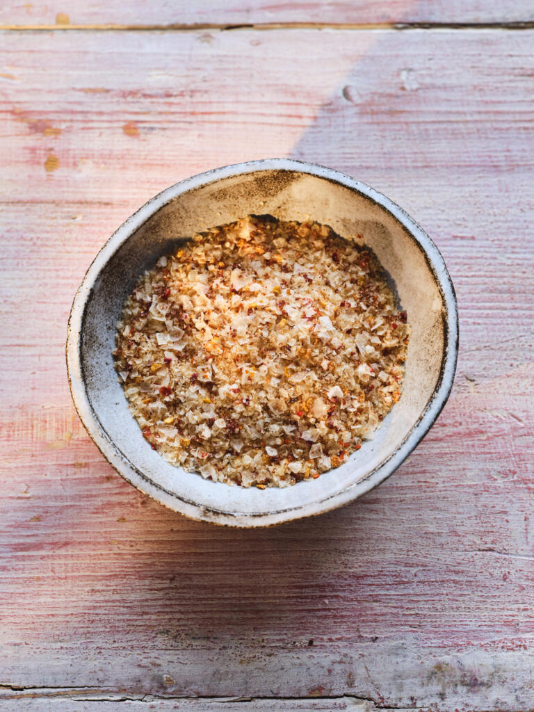 Close-up shot of Maldon Chilli Sea Salt flakes.