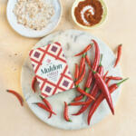 Maldon Chilli Sea Salt 100g pack. Paired with bird's eye chillies and Aleppo peppers.