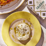 Maldon Garlic Sea Salt 100g pack. Paired with burrata cheese and a tomato tarte Tatin.