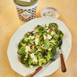 Charred Broccoli Salad paired with almonds and feta. Seasoned with Maldon Garlic Sea Salt 500g tub.