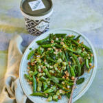 Green vegetable medley. Broad beans, green beans, sugar snap peas paired with hazelnuts and mint leaves. Seasoned with Maldon Garlic Sea Salt 500g tub.