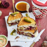 Boxing Day leftovers toastie. Turkey meat, brie, cranberry sauce and stuffing. Seasoned with Maldon Chilli Sea Salt 500g tub.