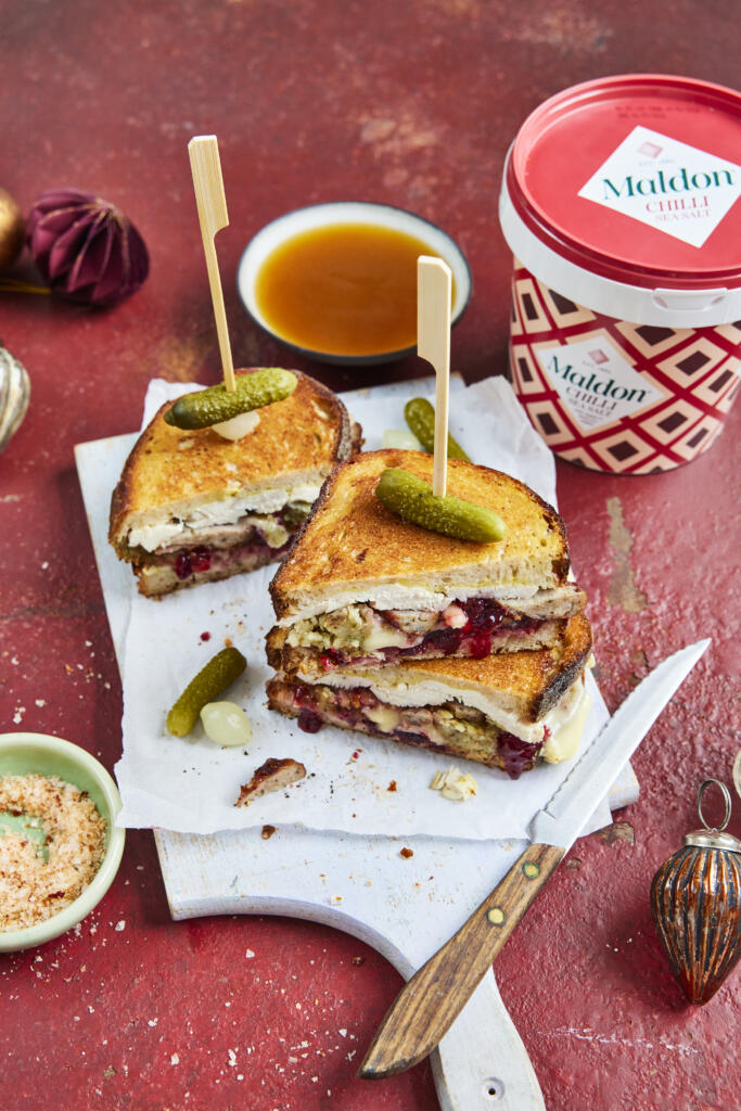 Boxing Day leftovers toastie. Turkey meat, brie, cranberry sauce and stuffing. Seasoned with Maldon Chilli Sea Salt 500g tub.