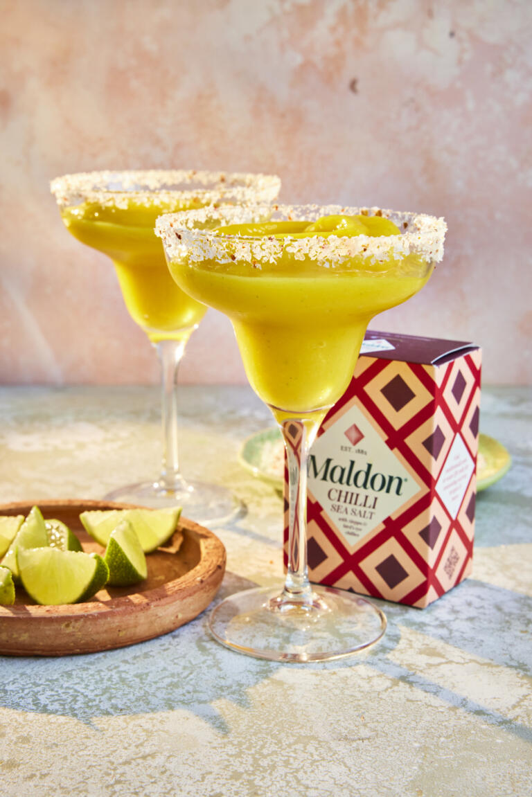 Frozen mango margarita with a Maldon Chilli Sea Salt rim.