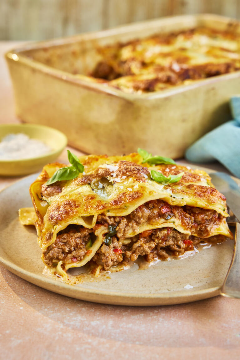 Lasagne made with beef and a medley of summer vegetables, including red peppers, tomatoes, courgette and onions. Seasoned with Maldon Sea Salt flakes and basil.