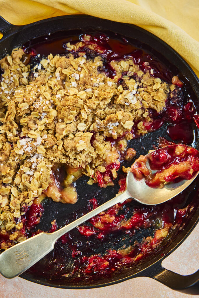 Late summer berry crumble, made with blackberries and raspberries. Topped with a pinch of Maldon Sea Salt flakes.