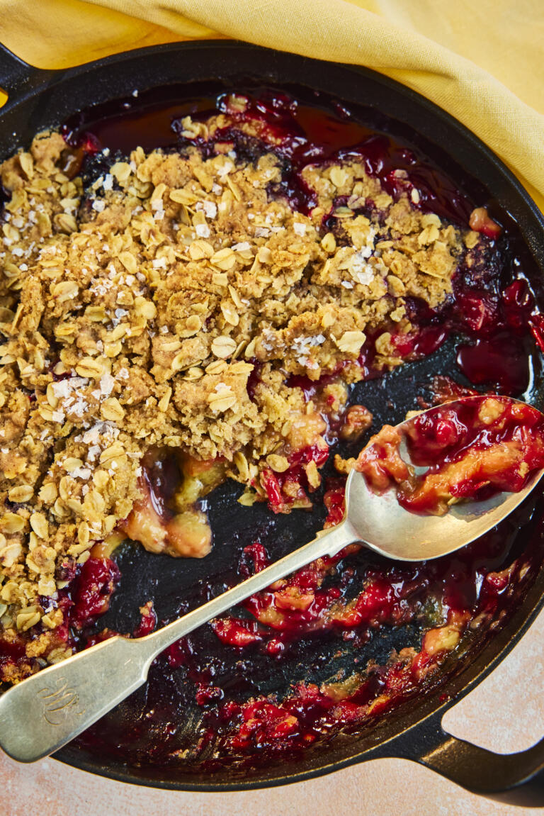 Late summer berry crumble, made with blackberries and raspberries. Topped with a pinch of Maldon Sea Salt flakes.