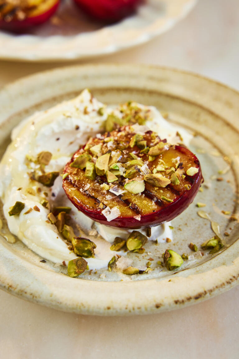 Grilled plums seasoned with honey and a pinch of Maldon Sea Salt flakes. Paired with ricotta and a sprinkle of crushed pistachios.