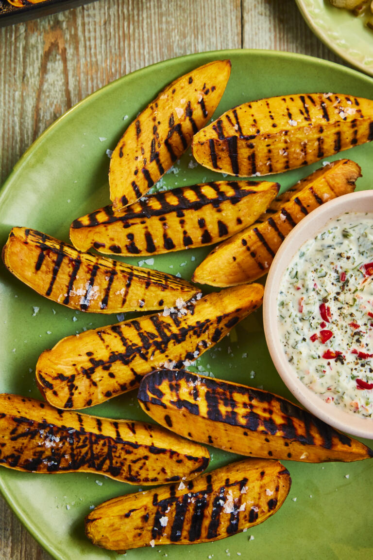 Grilled sweet potato wedges, paired with a herby mayonnaise. Topped with a sprinkle of Maldon Sea Salt flakes.