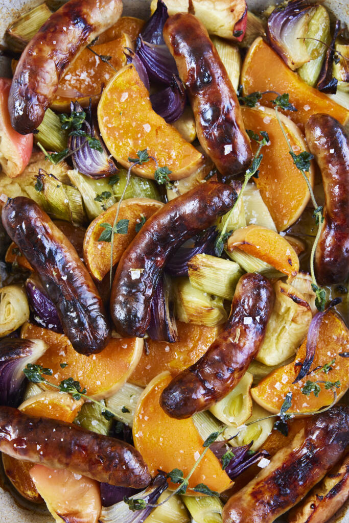 Sausage and autumn vegetable traybake. Seasoned with Maldon Garlic Sea Salt.