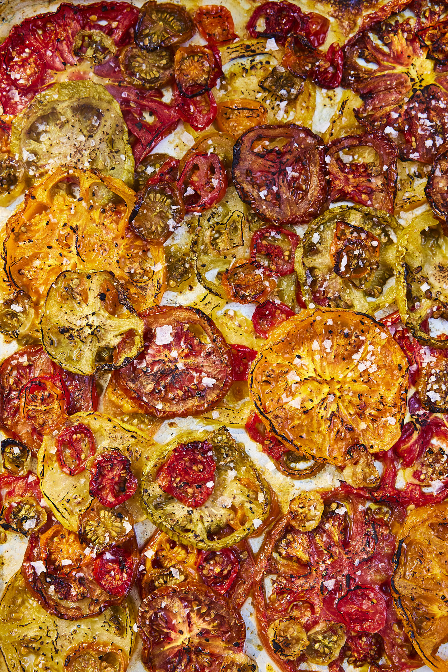 Roasted tomatoes seasoned with Maldon Original Sea Salt flakes.