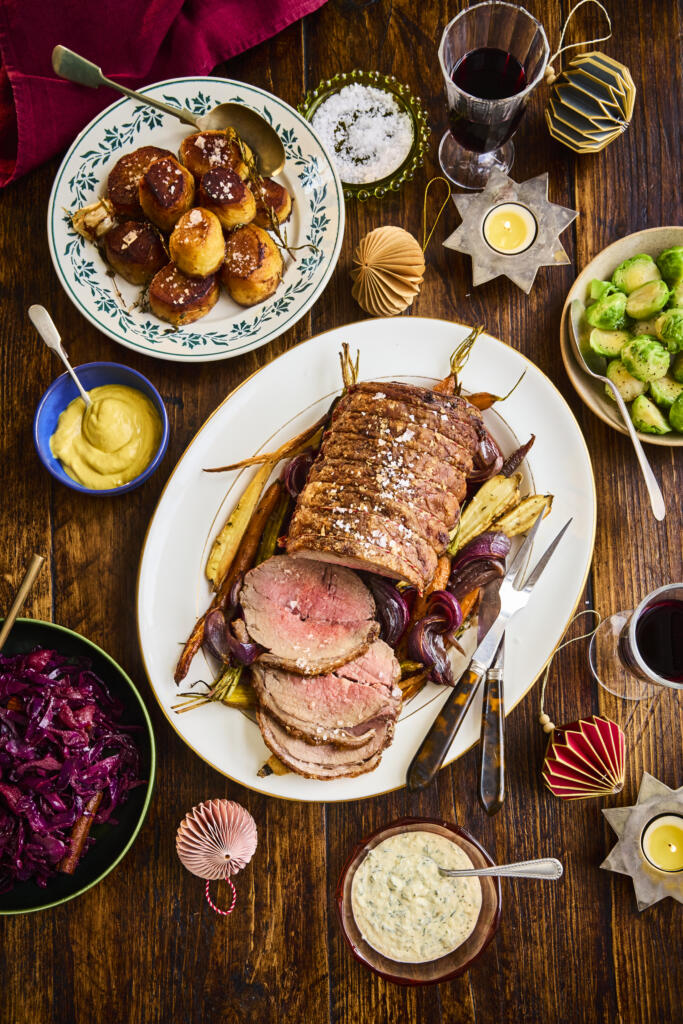 Roast beef joint with easy veg medley