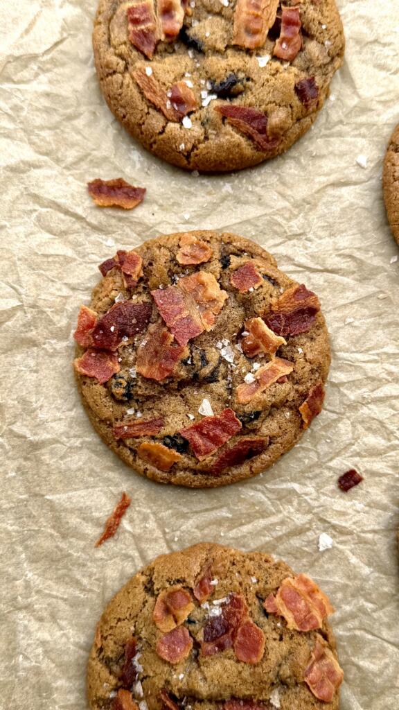 Blueberry, Bacon and Maple Syrup Cookies that resemble a stack of pancakes