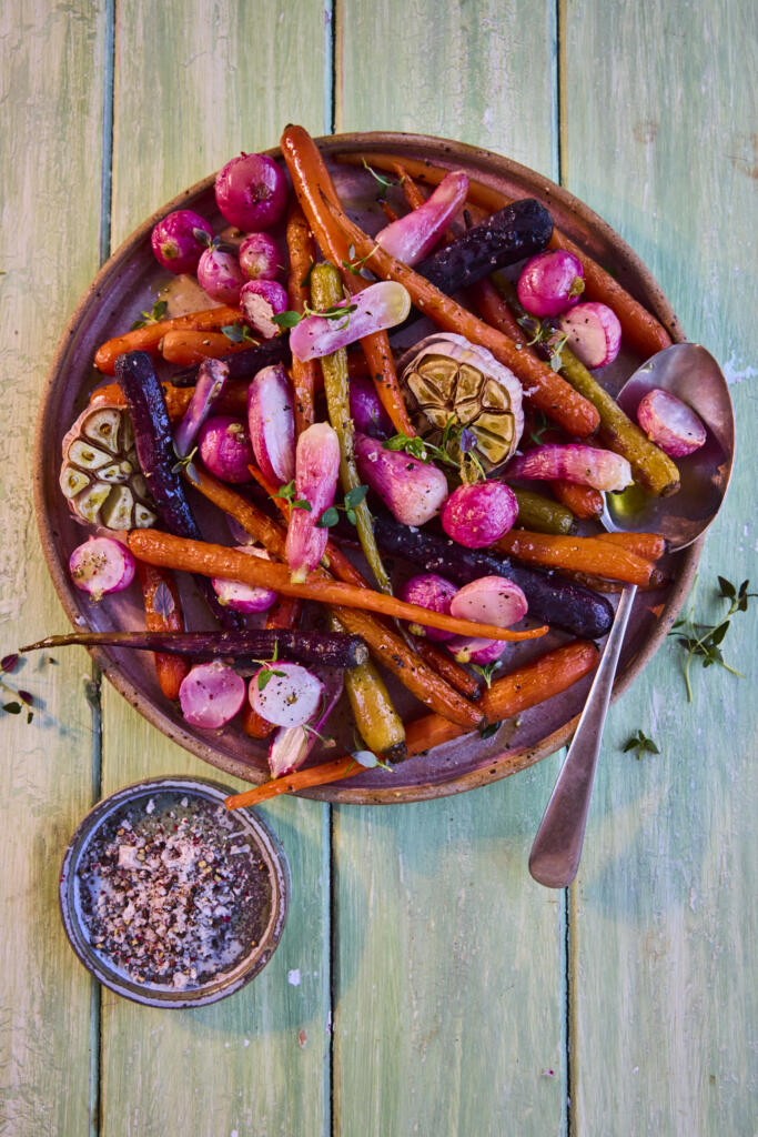 Radishes and Roasted Carrots with Pepper Sea Salt