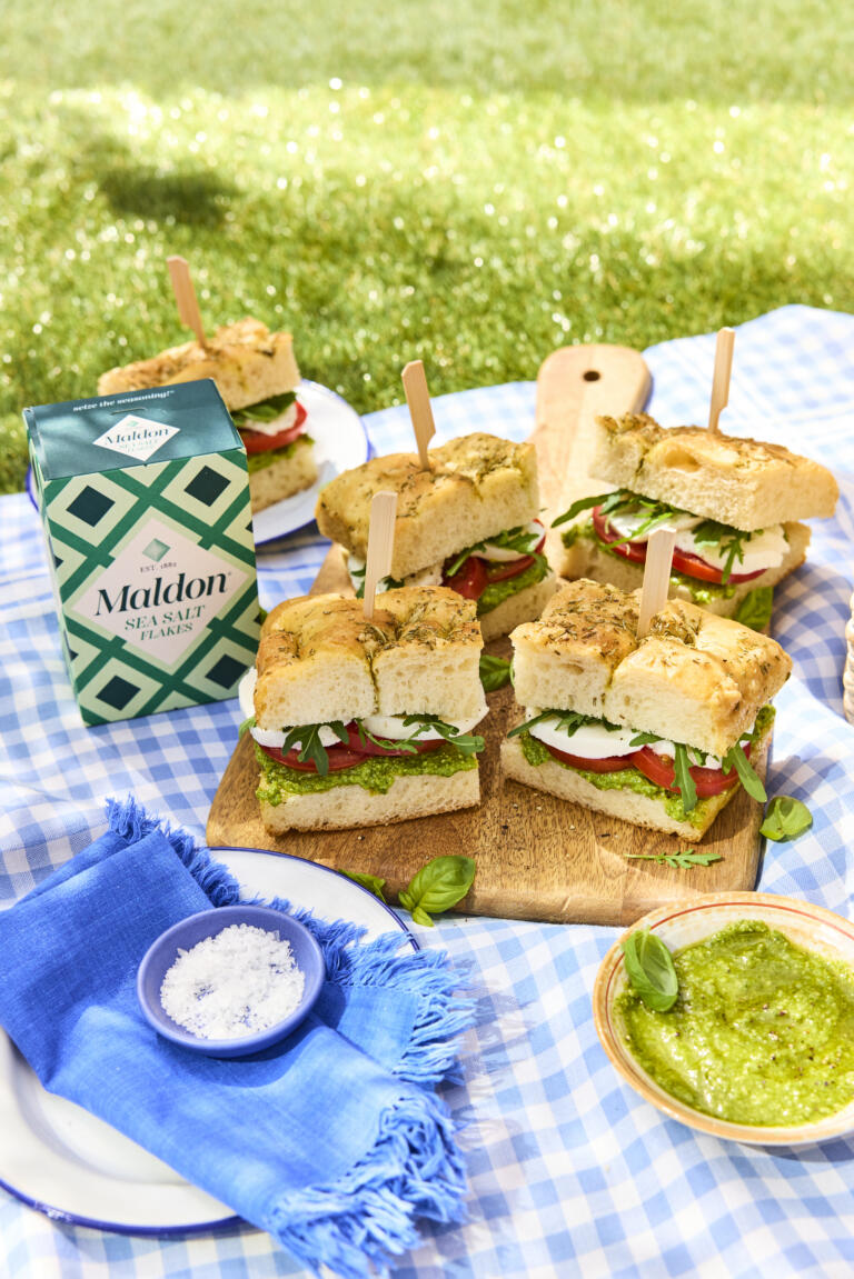 Focaccia Sandwiches with Homemade Pistachio Pesto seasoned with Maldon Original Sea Salt