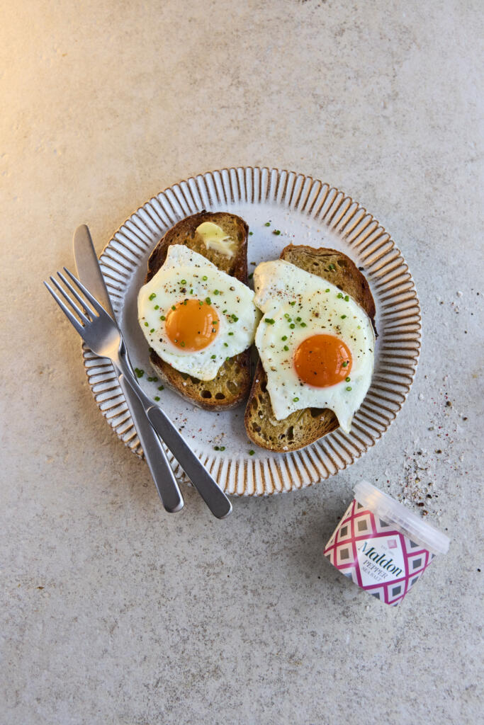 Maldon Pepper Sea Salt 50g Tub with Fried Eggs on Toast