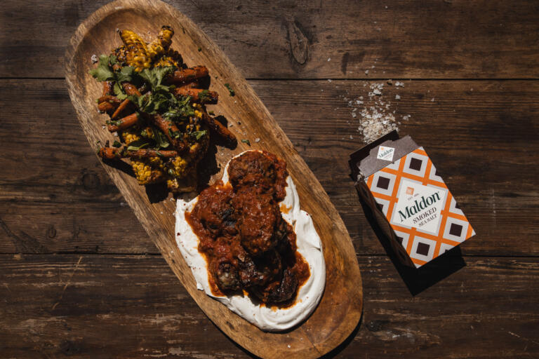 MELANIE BROWN - MANUKA-SMOKED LAMB MEATBALLS WITH CHARRED TOMATO REDUCTION & SUMAC-CORN SALSA