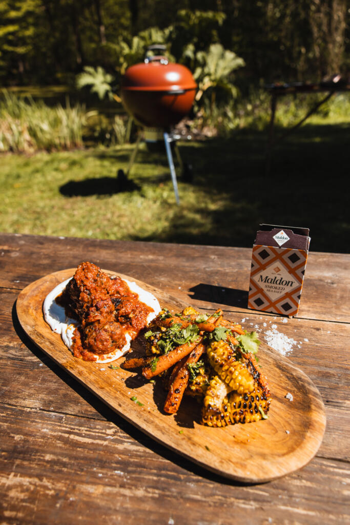 MELANIE BROWN - MANUKA-SMOKED LAMB MEATBALLS WITH CHARRED TOMATO REDUCTION & SUMAC-CORN SALSA