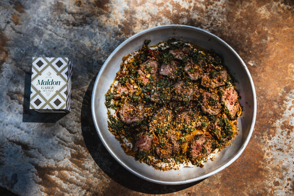 RUBEN DAWNEY - MALDON GARLIC SALT-CRUSTED LAMB NECK WITH WHIPPED TAHINI, RESCALDO PEPPERS, SALSA VERDE & DUKKAH