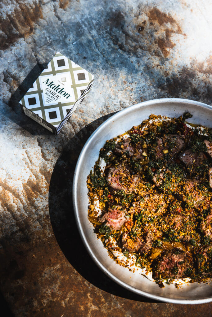 RUBEN DAWNEY - MALDON GARLIC SALT-CRUSTED LAMB NECK WITH WHIPPED TAHINI, RESCALDO PEPPERS, SALSA VERDE & DUKKAH