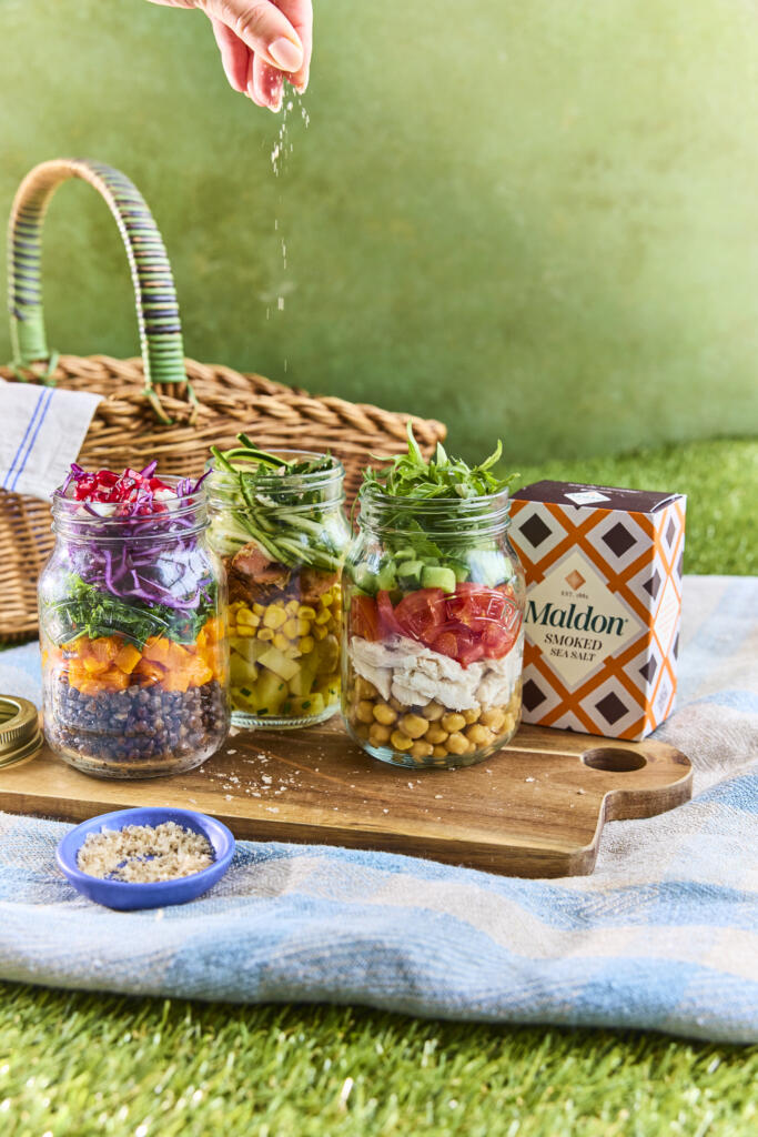 Homemade Layered Salad Jars seasoned with Maldon Smoked Sea Salt 125g pack