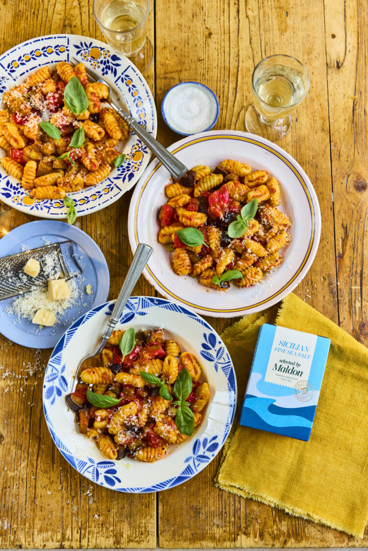 Homemade Cavatelli with Roasted Tomato & Aubergine, seasoned with Sicilian Fine Sea Salt, Selected by Maldon