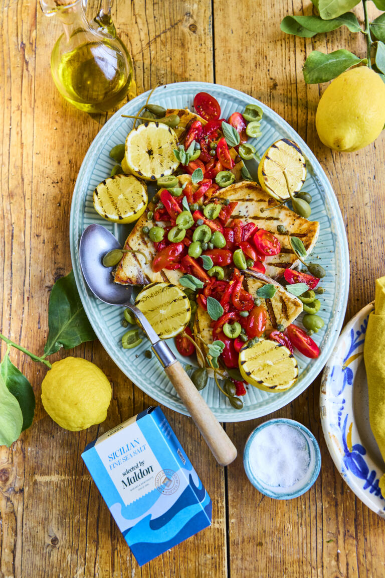 Grilled Swordfish Steaks with Salsa, seasoned with Sicilian Fine Sea Salt, Selected by Maldon